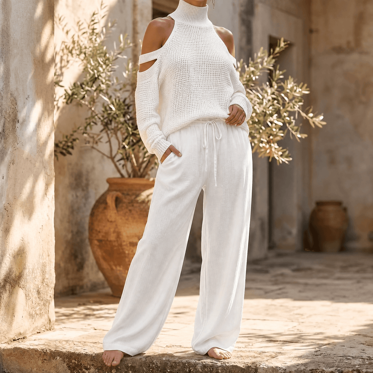 Γυναικείο Σετ με Πλεκτό Cold-Shoulder και Παντελόνα