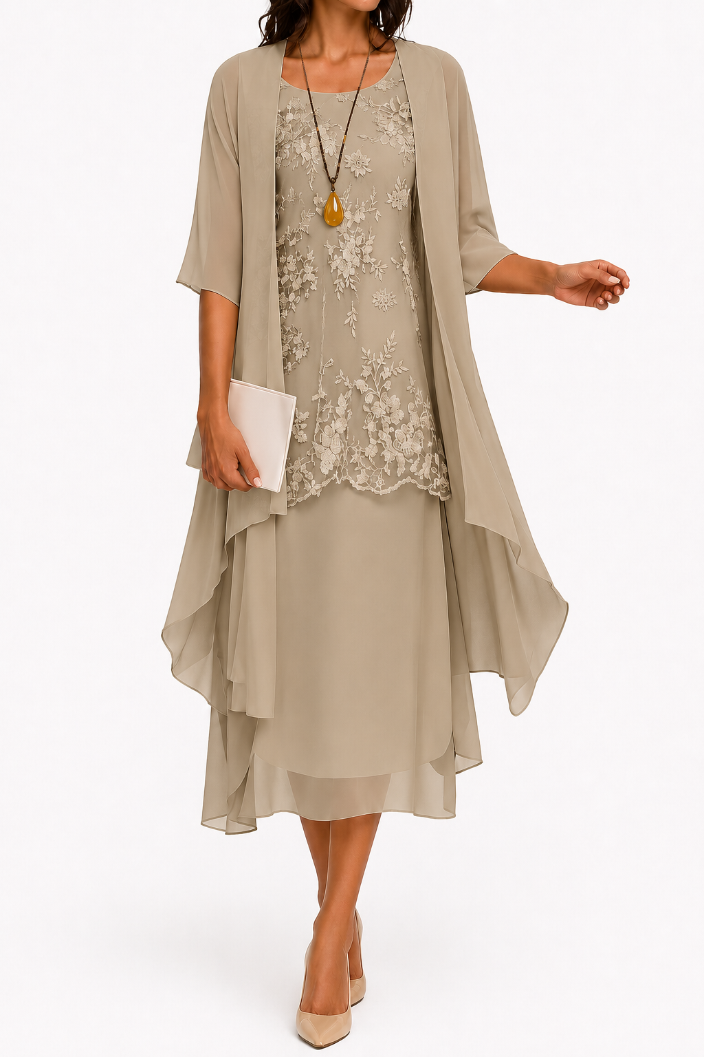 Γυναικείο Midi Φόρεμα για Καλεσμένη σε Γάμο με Λαιμόκοψη Χαμόγελο, Μανίκια 3/4 και Φλοράλ Μοτίβο