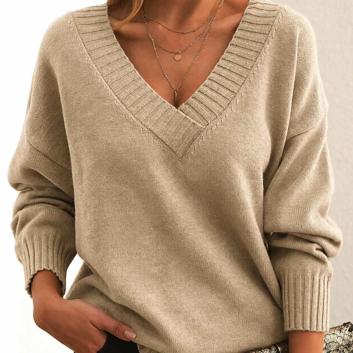 Γυναικείο Πλεκτό ΠουλOver σε Χαλαρή Γραμμή με Λαιμόκοψη V
