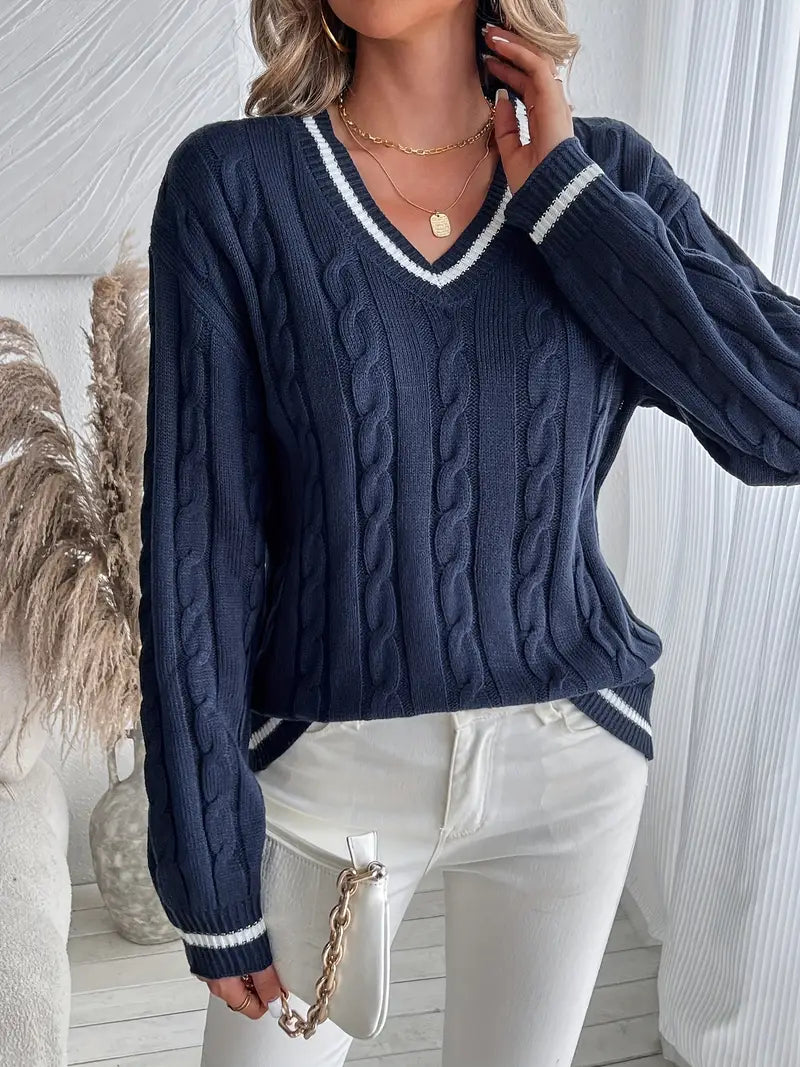 Γυναικείο Πλεκτό ΠουλOver με Λαιμόκοψη V και Πλεξούδες