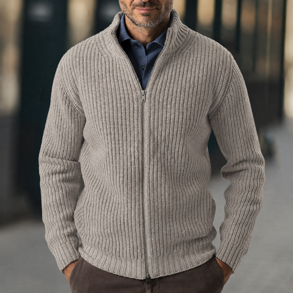 Ανδρική Πλεκτή Ζακέτα με Φερμουάρ και Ρίγες Ραβδώσεις