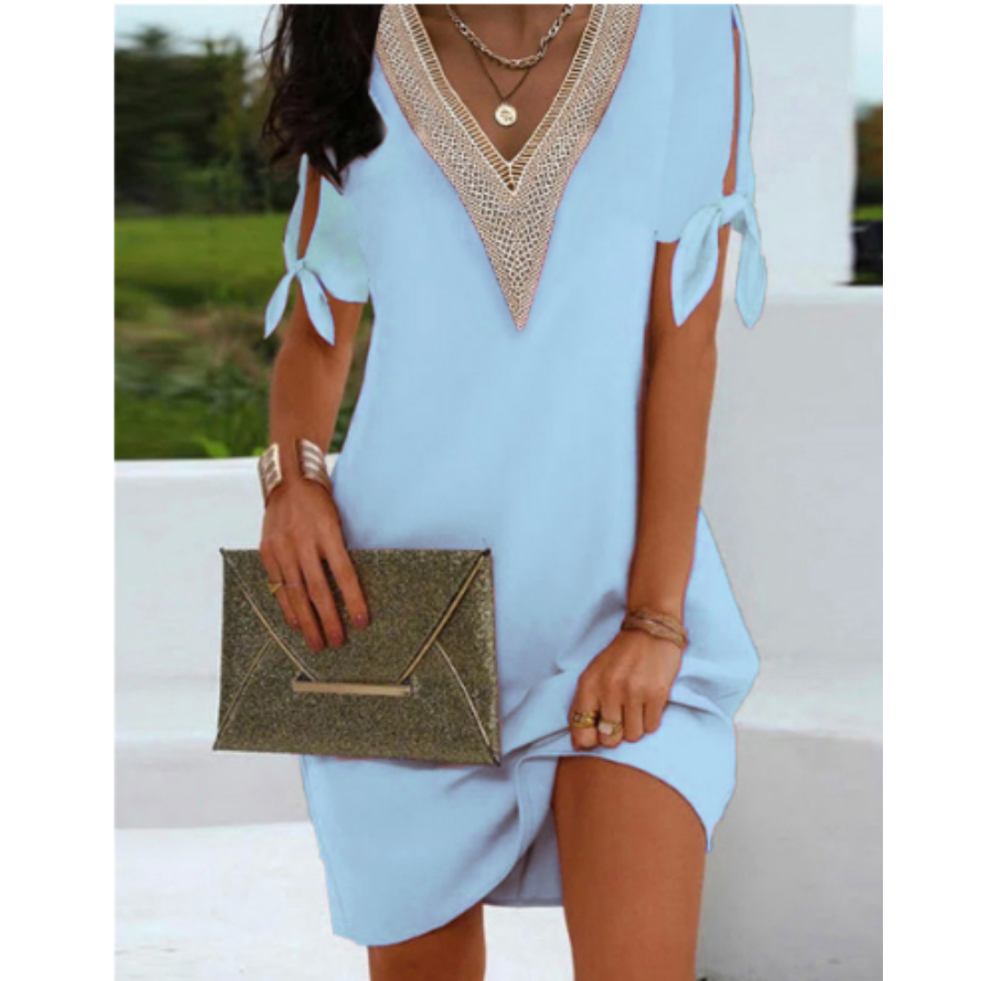 Γυναικείο Μίνι Φόρεμα Shift σε Ίσια Γραμμή με Κοντό Μανίκι, Κόμπο και Λαιμόκοψη V