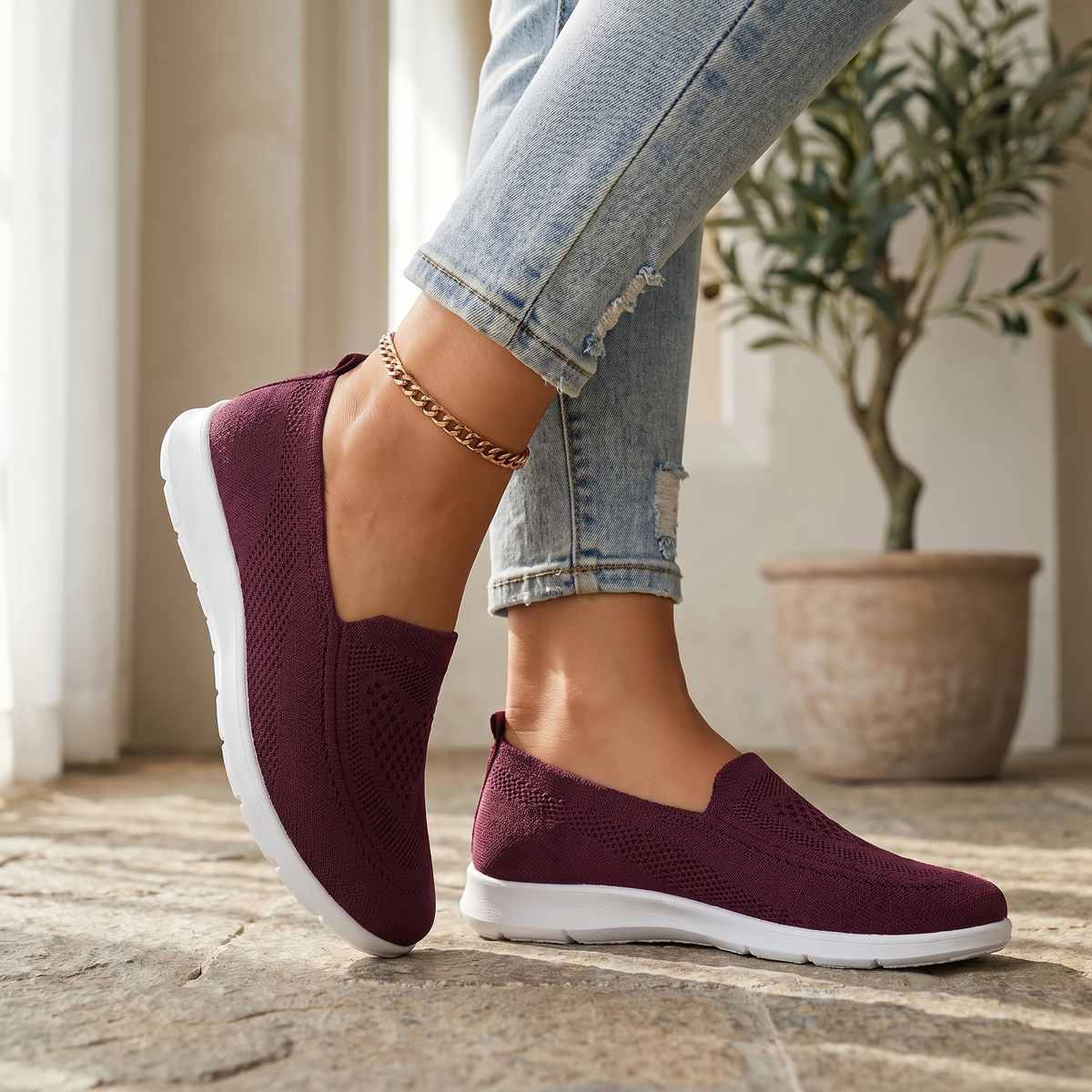 Γυναικεία Πλεκτά Sneakers Slip-On | Αναπνεόμενα Παπούτσια Περιπάτου με Αντικραδασμική Προστασία