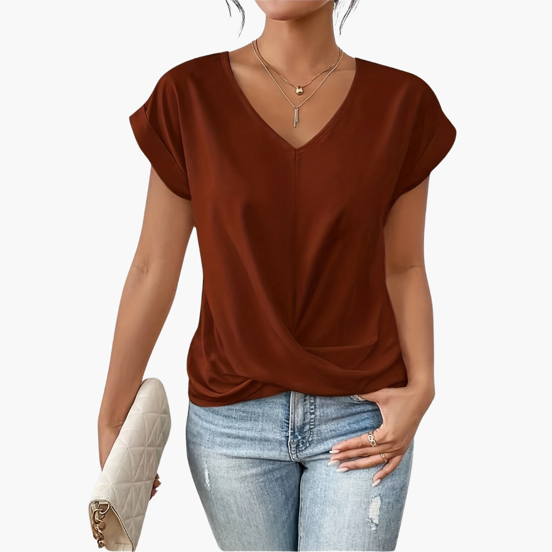 Γυναικείο T-Shirt με V Λαιμόκοψη και Στρίψιμο Μπροστά