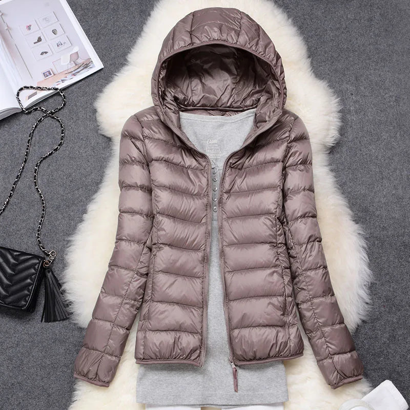 Γυναικείο Πουπουλένιο Μπουφάν Πανάλαφρο με Κουκούλα, Taupe, Αναδιπλούμενο