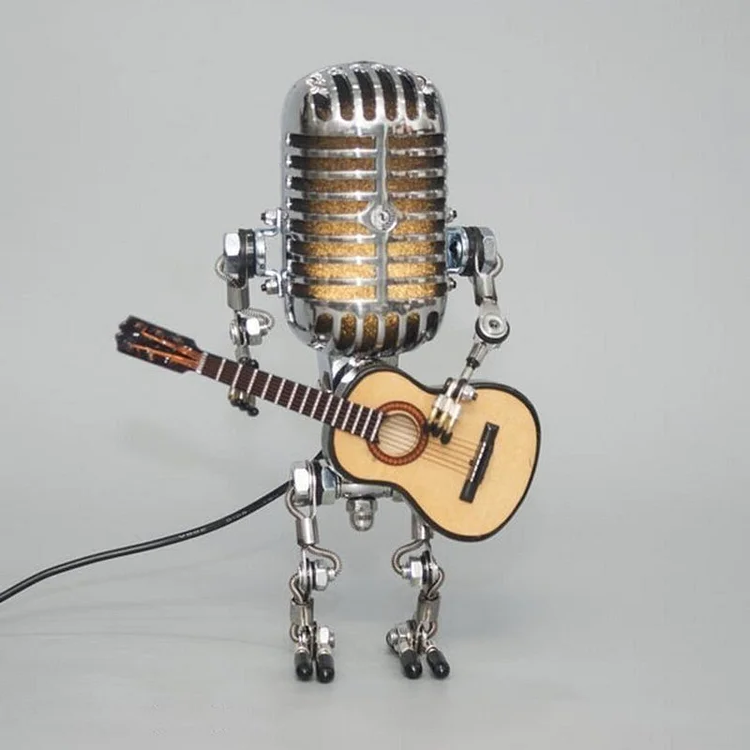Μεταλλικό Επιτραπέζιο Φωτιστικό Ρομπότ Μικρόφωνο με Κιθάρα – Vintage Διακοσμητικό Γλυπτό Με Μουσικό Θέμα