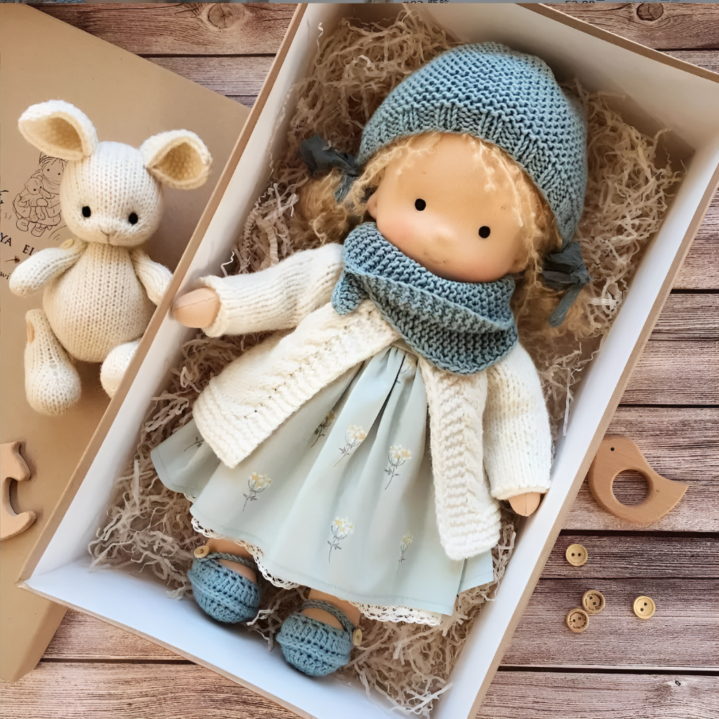 Μαλακή Κούκλα Αγκαλιάς Τύπου Waldorf με Απαλή Πλεκτή Ζακέτα